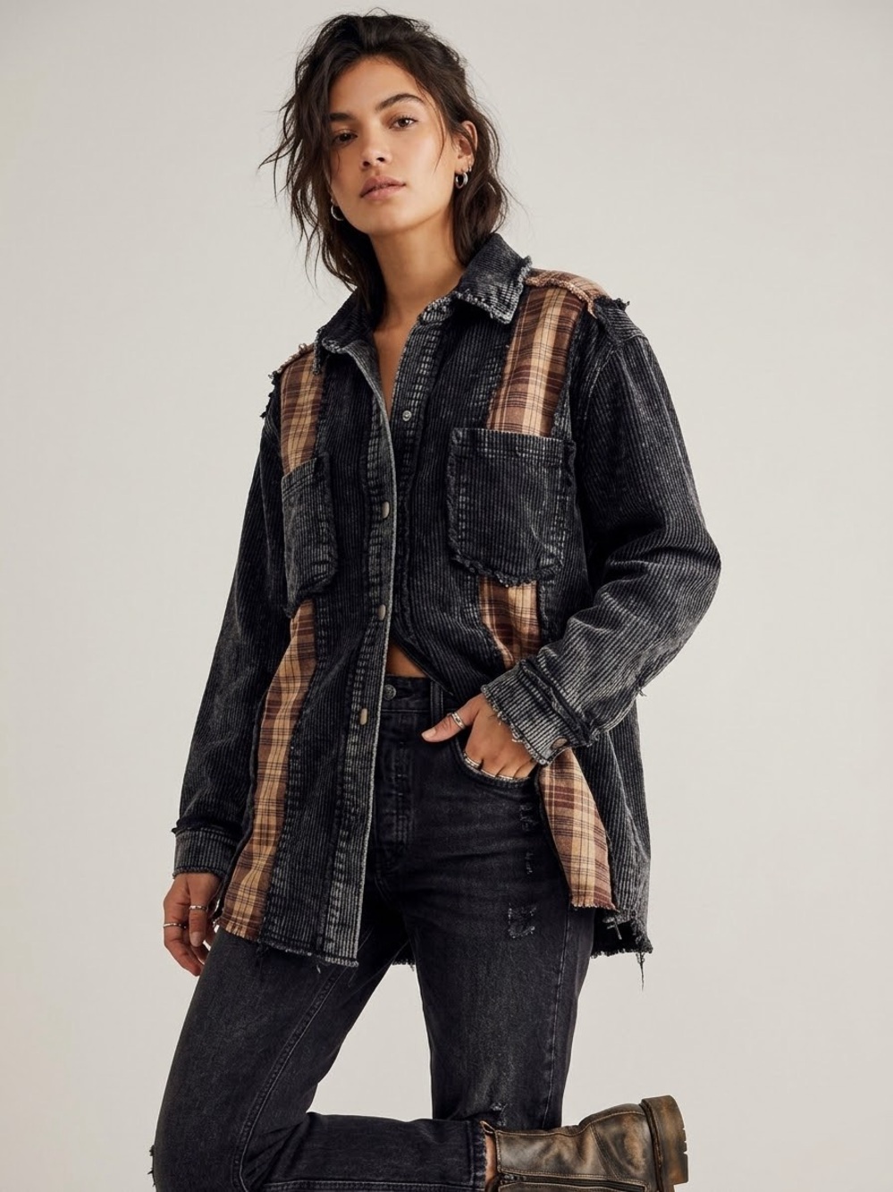 Charcoal Corduroy Shirt with Plaid Panels